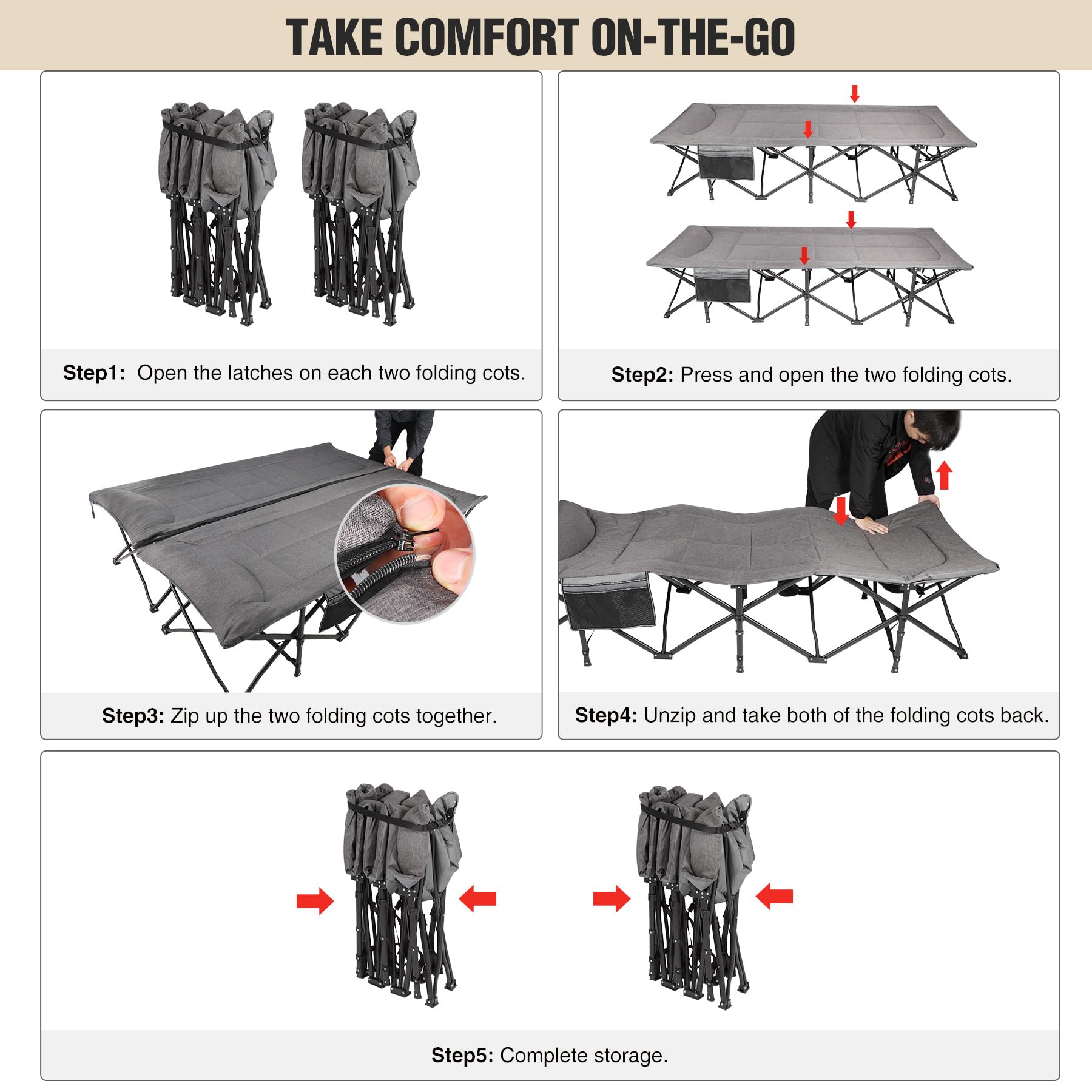 2 Person Folding Camping Cot, 59" Extra Wide with Mattress