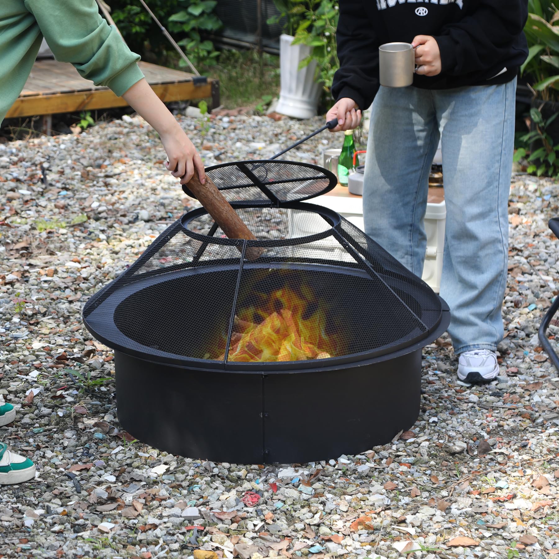 30" Fire Pit Spark Screen with Mesh Lid Cover, Handle and Poker
