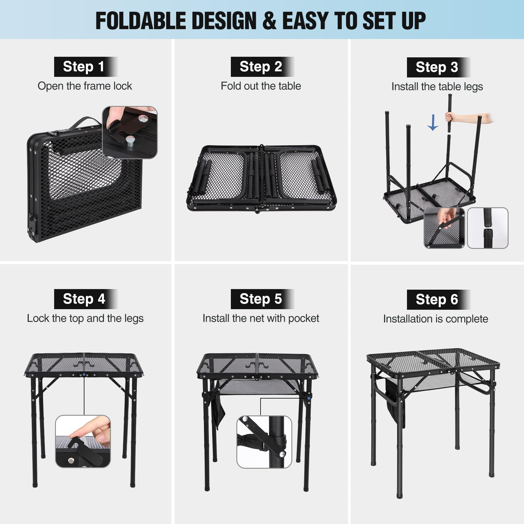Folding Grill Table with Extra Space, Adjustable Height Portable Small Stand Table for Outdoor Indoor Camping Picnic BBQ, Black with Side Table