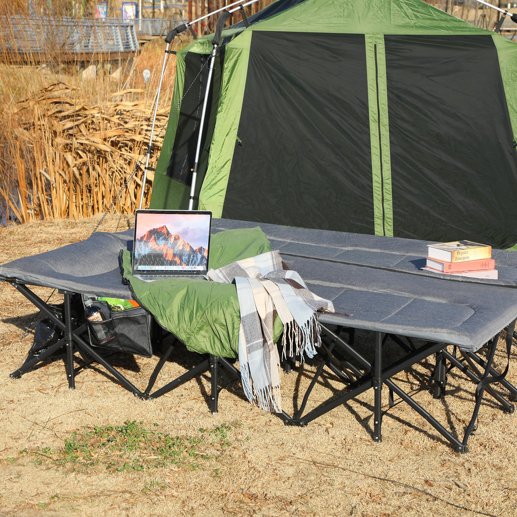 2 Person Folding Camping Cot, 59" Extra Wide with Mattress