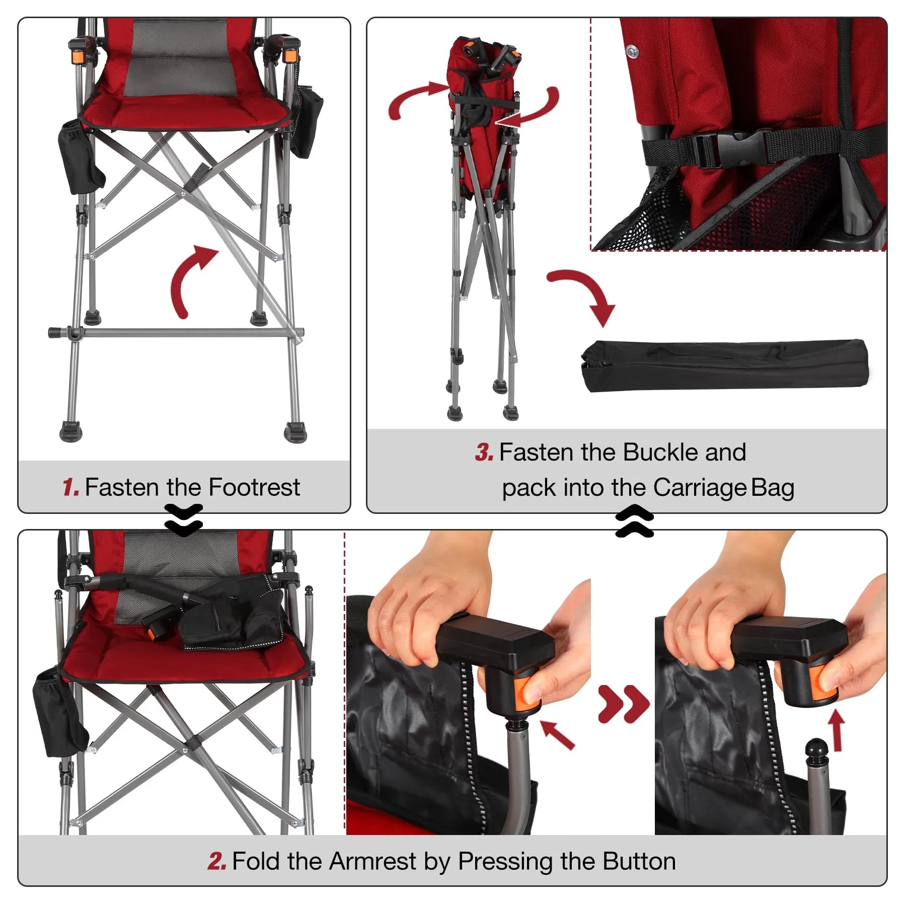 Extra Tall Folding Chair, Bar Height Foldable Director Chairs for Adults with High Back and Hard Arms, Support 330lbs