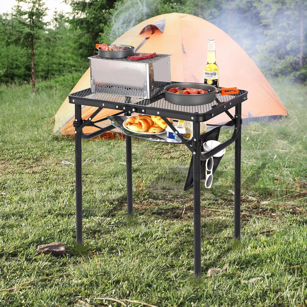 Folding Grill Table with Extra Space, Adjustable Height Portable Small Stand Table for Outdoor Indoor Camping Picnic BBQ, Black with Side Table