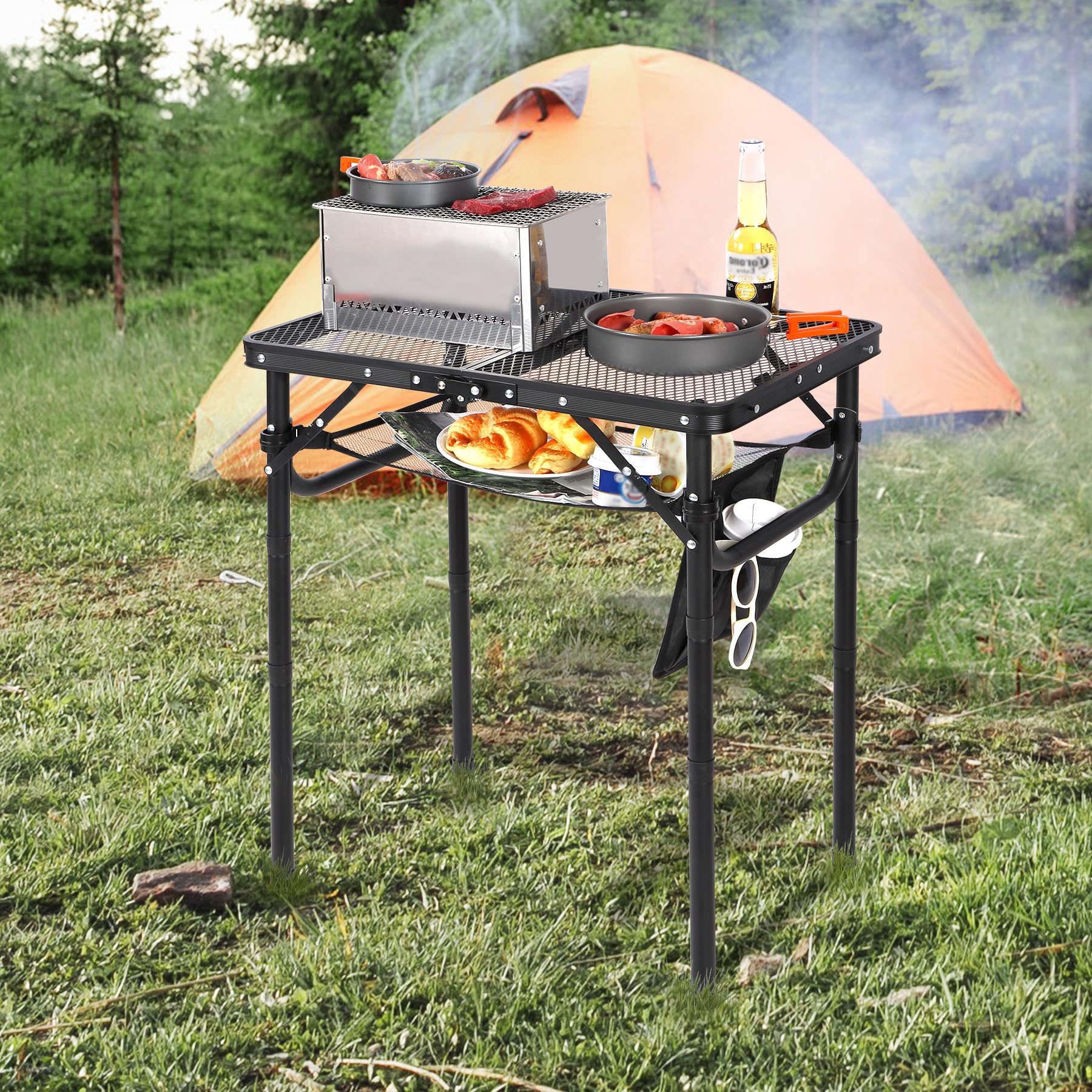 Folding Grill Table with Extra Space, Adjustable Height Portable Small Stand Table for Outdoor Indoor Camping Picnic BBQ, Black with Side Table
