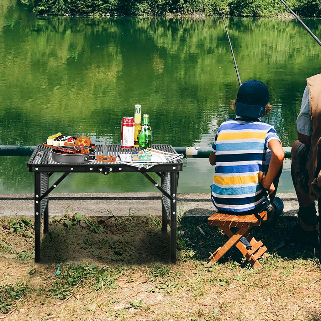Folding Grill Table with Extra Space, Adjustable Height Portable Small Stand Table for Outdoor Indoor Camping Picnic BBQ, Black with Side Table